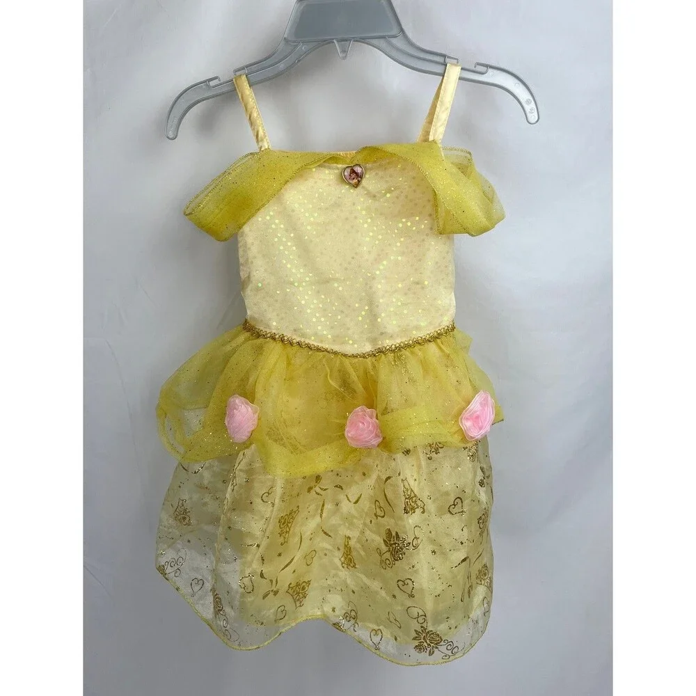 Disney Store Girl 4 Belle Beauty Beast Dress Yellow Costume Princess Roses